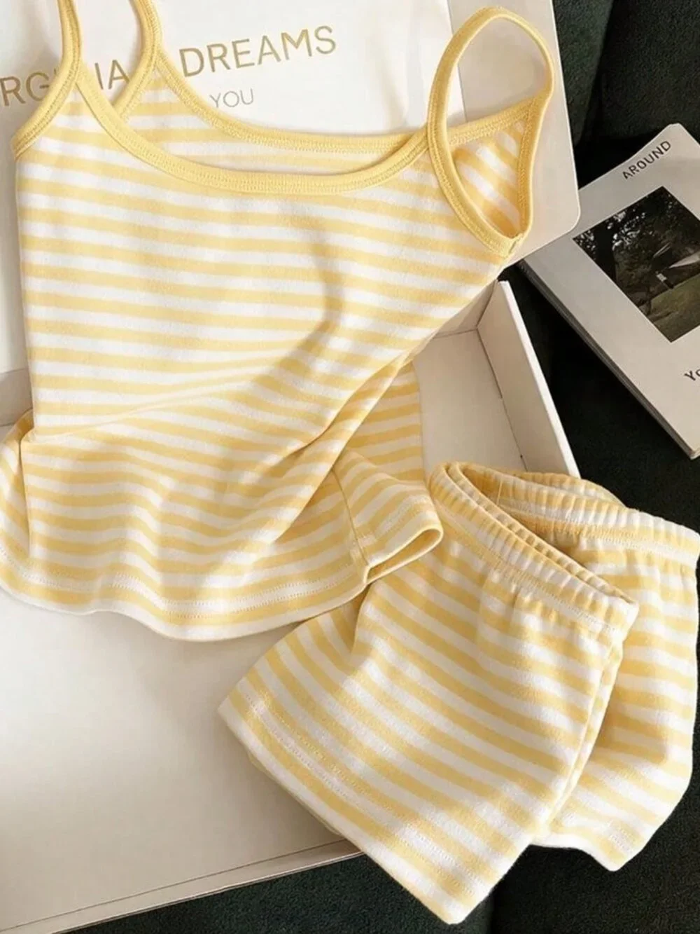 Light Yellow Casual Women's Vacation Striped Camisole Top And Shorts Set